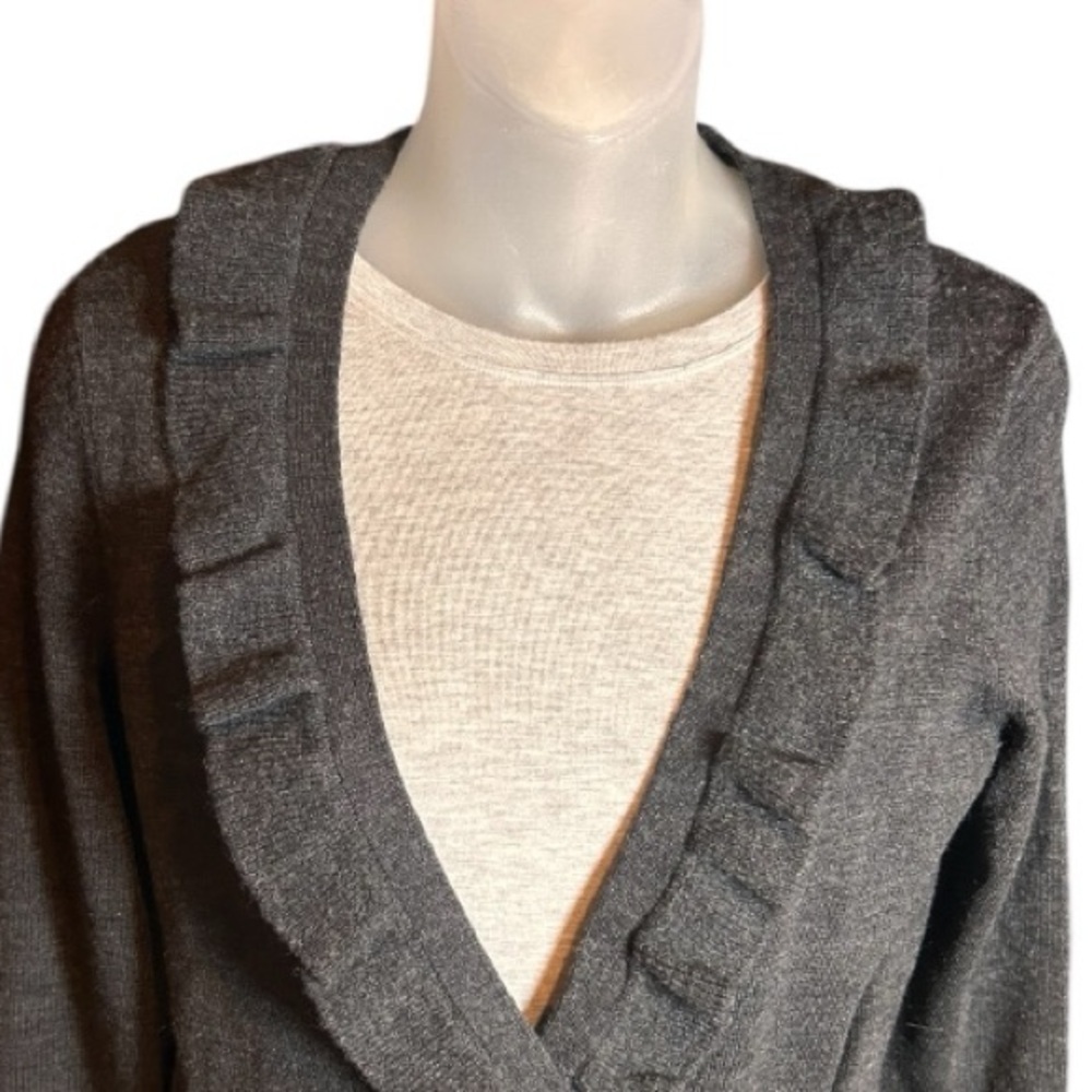 Elegant Merino 100% Wool V-neck Wrap Sweater Women Petite S Gray Ruffle Trim - Picture 3 of 10